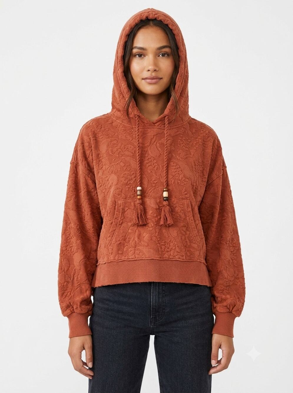 Cleobella Jaidev Cropped Hoodie Womens S Sienna Orange Paisley Tassel Pullover